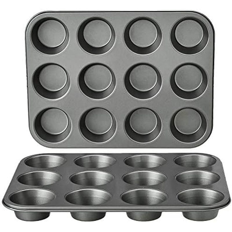 Amazon Basics Nonstick Muffin Pan, Set of 2, Sturdy, Oven Safe, Bakes Evenly, Easy to Clean, 12 Cups