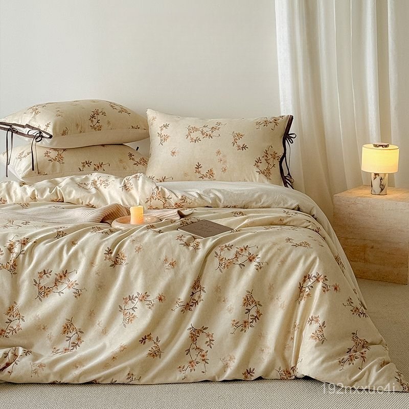 Bộ chăn ga gối bốn món bằng vải cotton-linen, phong cách Trung Quốc đơn giản, vỏ chăn bông-linen mới