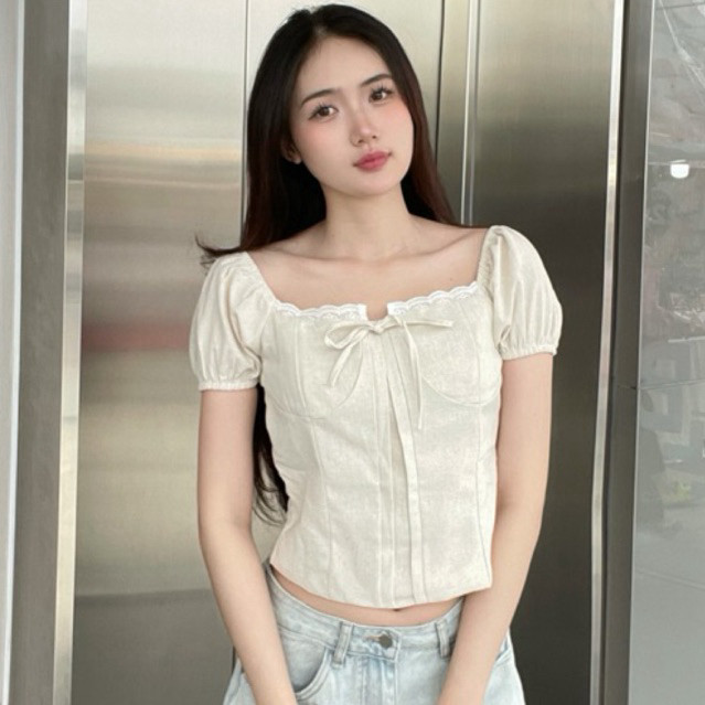 Áo babydoll nữ kiểu Linen tay phồng nơ ngực công chúa phong cách Kimee Ma380