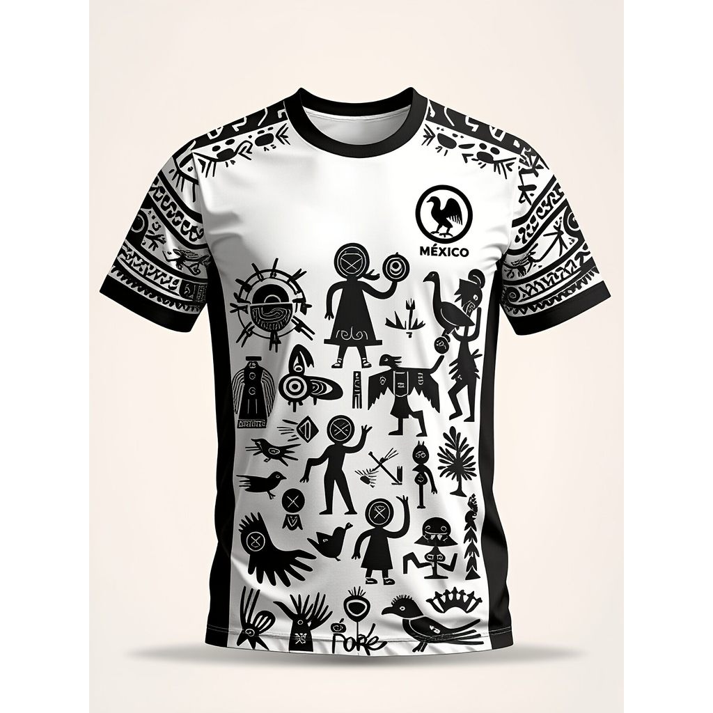 ÁO THUN MEXICAN TRIBAL ART TRÊN TRẮNG TRẮNG TRẮNG ĐEN PATTERN AZTEC SYMBOL PATTERN TRÒ CHƠI FOOTBALL