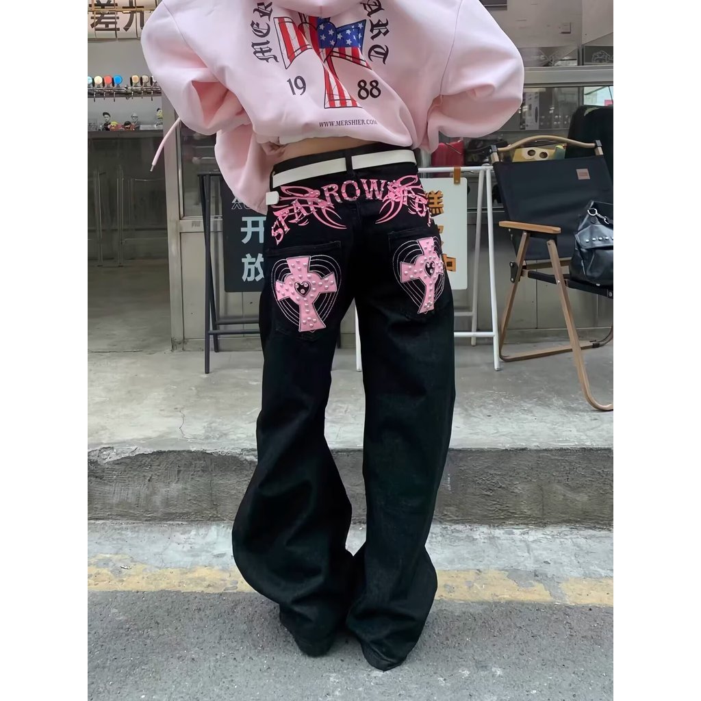 JADED LONDON Âu Mỹ Hợp Thời Trang Phong Cách Retro Cánh Đeo Chéo Nam Nữ Thẳng Ống Rộng Quần Jeans