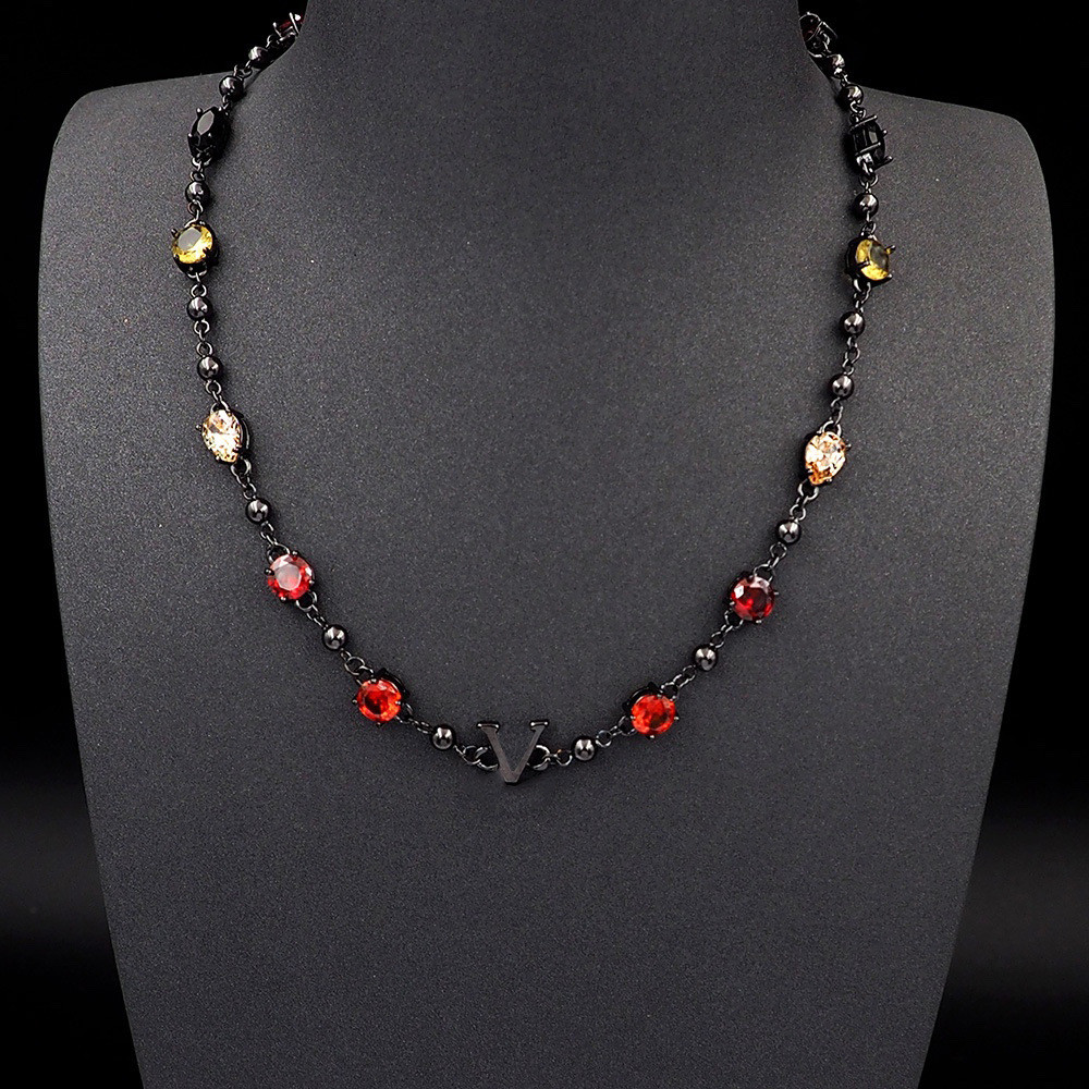MDBX Red Diamond v Colorful letter couple's necklace with black diamonds, black necklace, round bead
