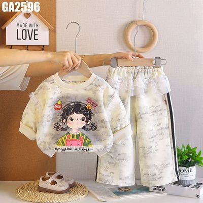 Bộ Bé Gái Dài Tay In Bé Gái Tóc Tết Phối Ren Bèo Quần Ống Rộng Hai Sọc MINTSCLOSET GA2596