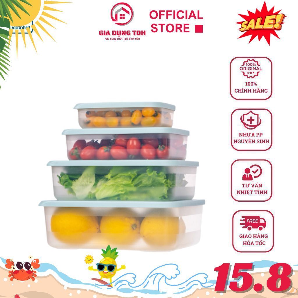 Bộ Hộp Bảo Quản Thực Phẩm Việt Nhật 6596 – Có Nút Hẹn Giờ, Nắp Kín Chống Tràn – Đựng Đồ Ăn – TDH