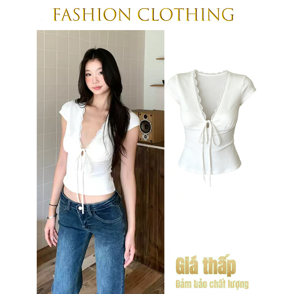 Áo Ren Kiểu Sát Nách Cổ V DaaLaa Store Phối Dây Thắt Nơ Ngực