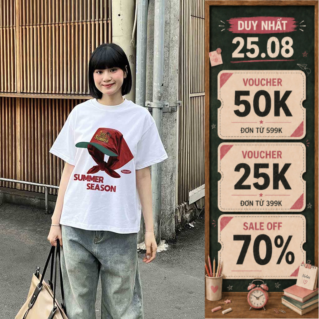 Áo thun boxy summer season 2123 Miucho cổ tròn 2c thoáng mát đứng form in mix