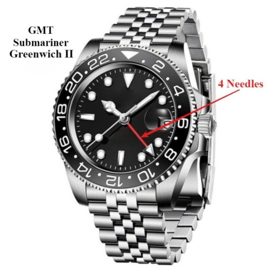 Đồng hồ nam thời trang GMT / Submariner Greenwich II Thép không gỉ 4 kim Đồng hồ đeo tay nam thạch a