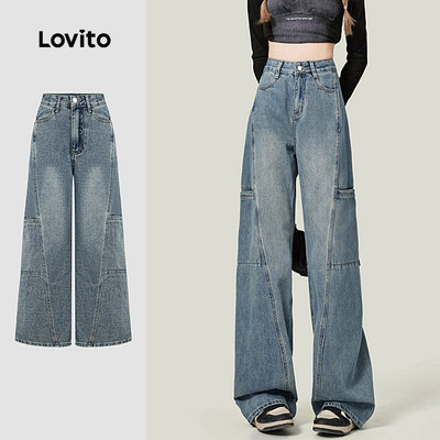 Lovito Quần Jeans Thường Ngày Thoải Mái Phù Hợp Đi Làm Đi Nghỉ Mát Du Lịch Đi Làm Hàng Ngày Kiểu Dáng Đơn Giản Hàn Quốc Có Túi Khóa Kéo Và Nút Cài Màu Xanh Dương Dành Cho Nữ L179AD185