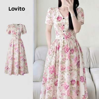 (New Arrival) Lovito Đầm hồng phong cách nghỉ dưỡng mùa xuân/hè cho nữ cài cúc phía trước dáng casual L196ED944