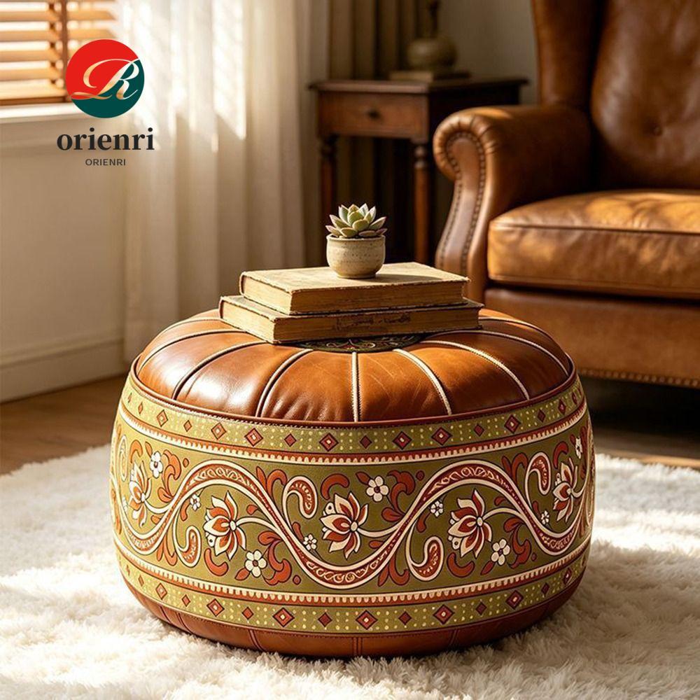 ORIENRI Fillable Ottoman Pouf, Thêu Họa Tiết Da PU Bảo Quản Ottoman, Phong Cách Ma-rốc Hình Tròn Trò