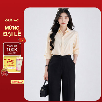 [SALE] Áo sơ mi nữ Gmorning - GUMAC tay dài rộng thêu chữ sau áo si xịn thoáng mát  YAE12085