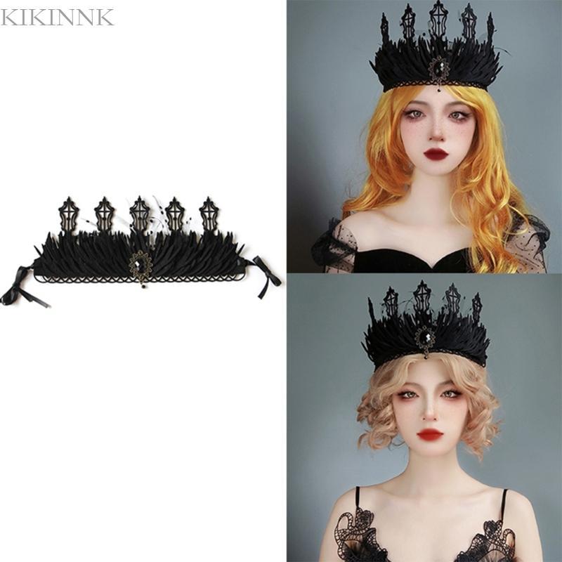 KIKIN Black Queen Crown Witch Crown Headpiece Goth Headband Black Tiaras Goth Crown