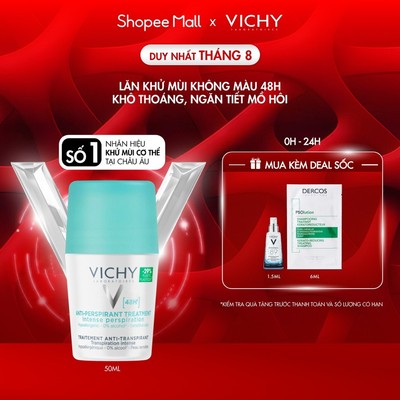 Lăn khử mùi Vichy khô thoáng, ngăn ngừa và giảm tiết mồ hôi 48H, không gây kích ứng, sạm da 50ml