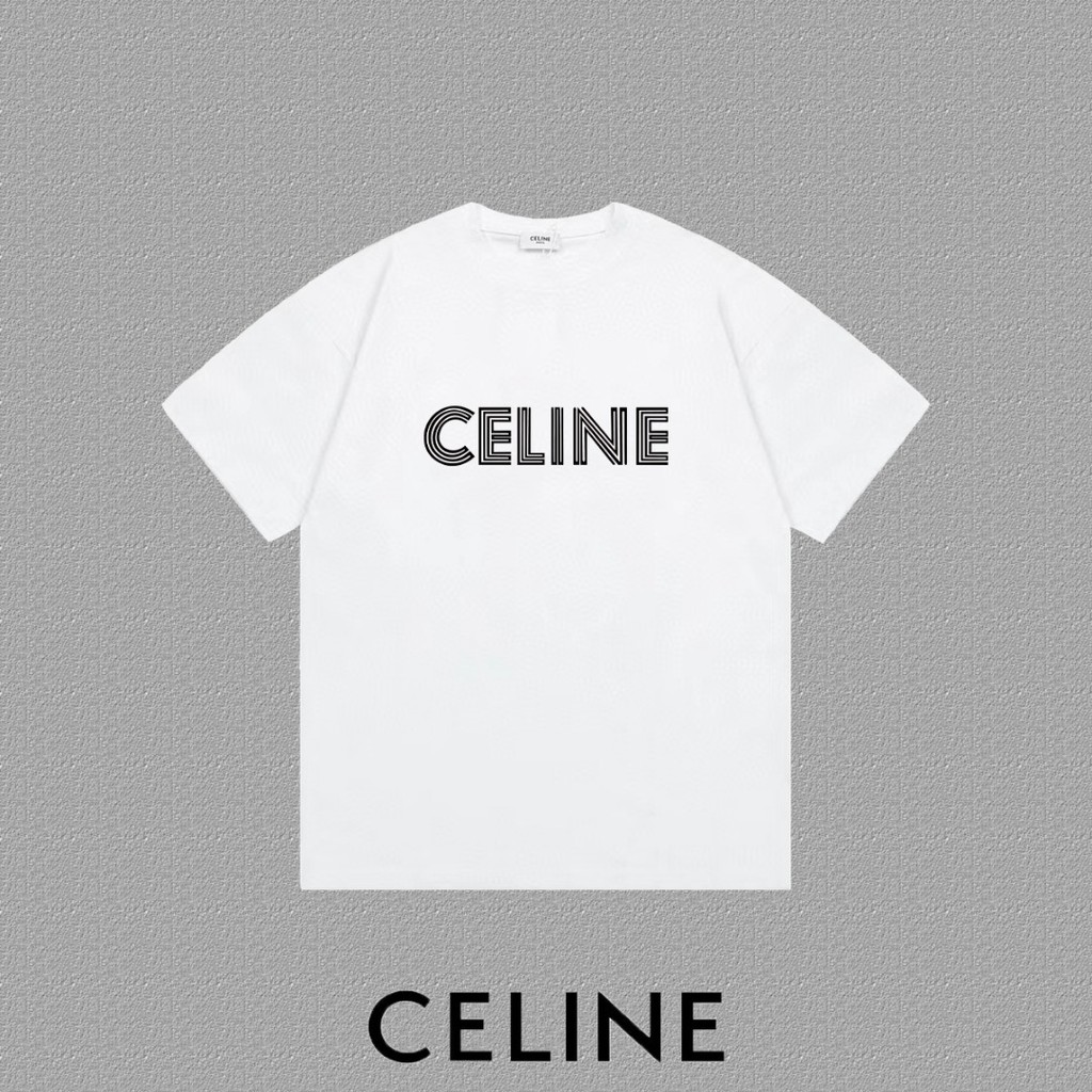 CELINE CELINE Phiên bản truy cập Áo thun ngắn tay phong cách cặp đôi Áo sơ mi đáy màu kinh doanh Cot