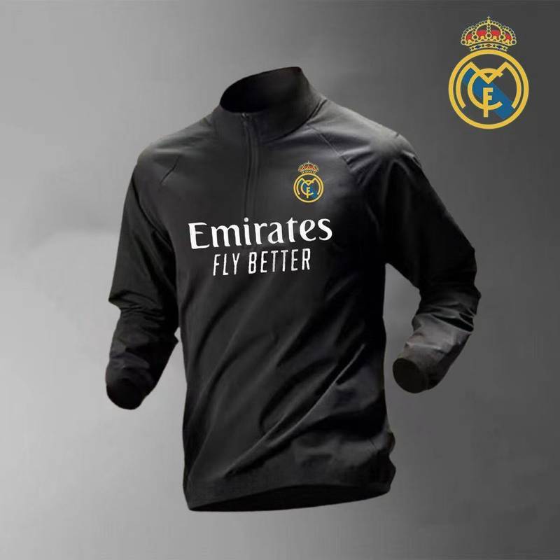 Real Madrid Training Wear Men's Breathable Real Madrid Soccer Uniform Zipper Short Sleeve Running Sh