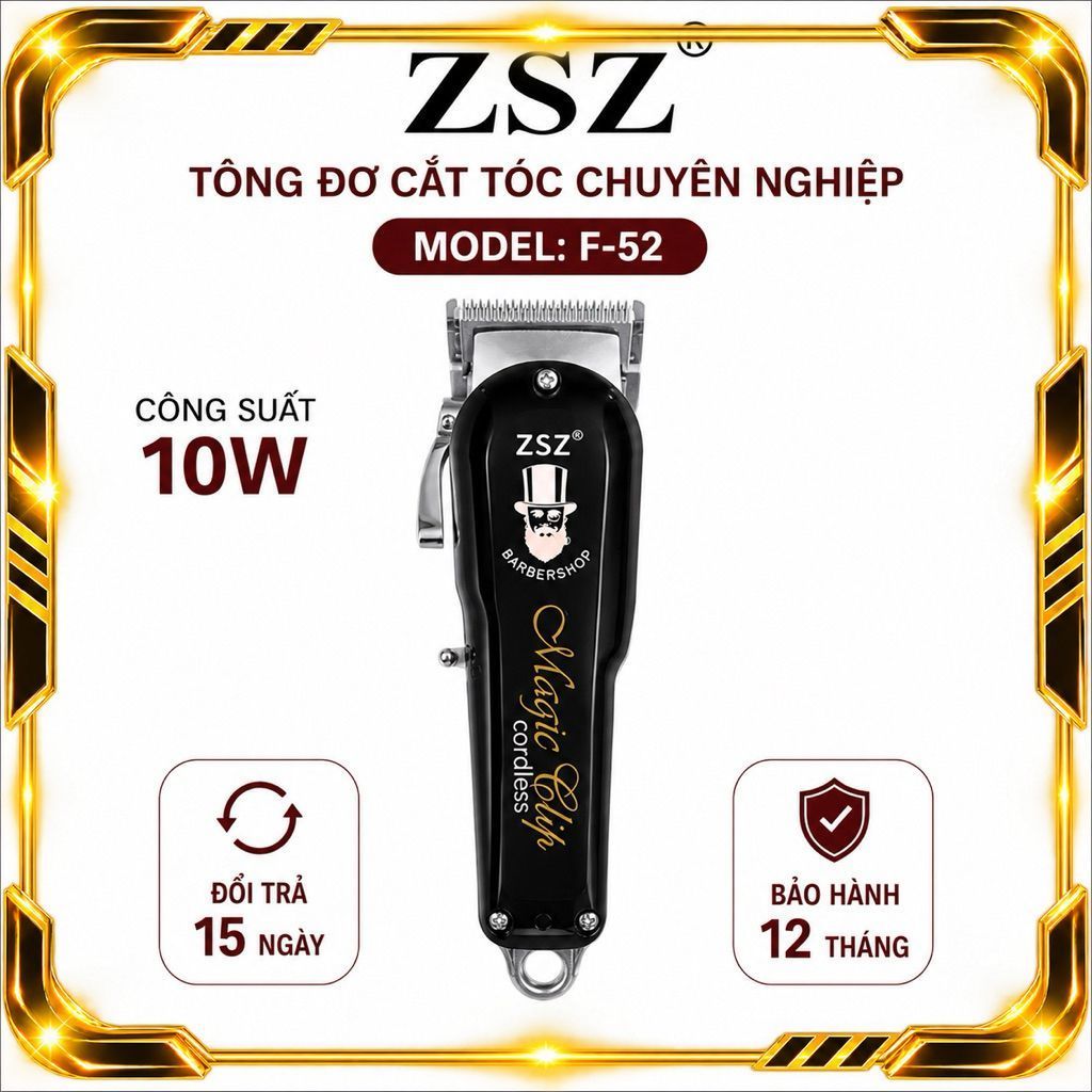 Tông Đơ Cắt Tóc ZSZ F52 10W Không Dây Chuyên Nghiệp - Lưỡi Thép Không Gỉ, Pin Trâu, Kèm 6 Cữ Cắt