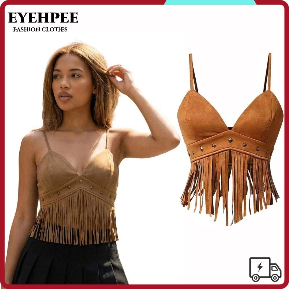 EYEHPEE Áo Crop Top nữ, Dây đeo Spaghetti Faux Suede Fringe Vest, Vintage cổ chữ V Cowgirl Phong các
