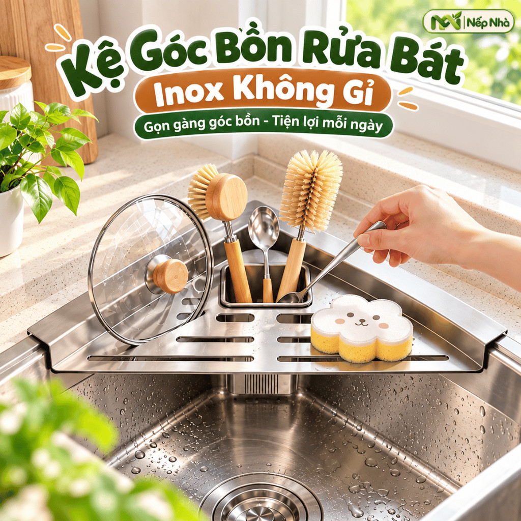 Kệ Góc Bồn Rửa Chén Thép Carbon, Kệ Đựng Đồ Nhà Bếp Ráo Nước Đa Năng Kèm Cốc Đựng Tiện Lợi