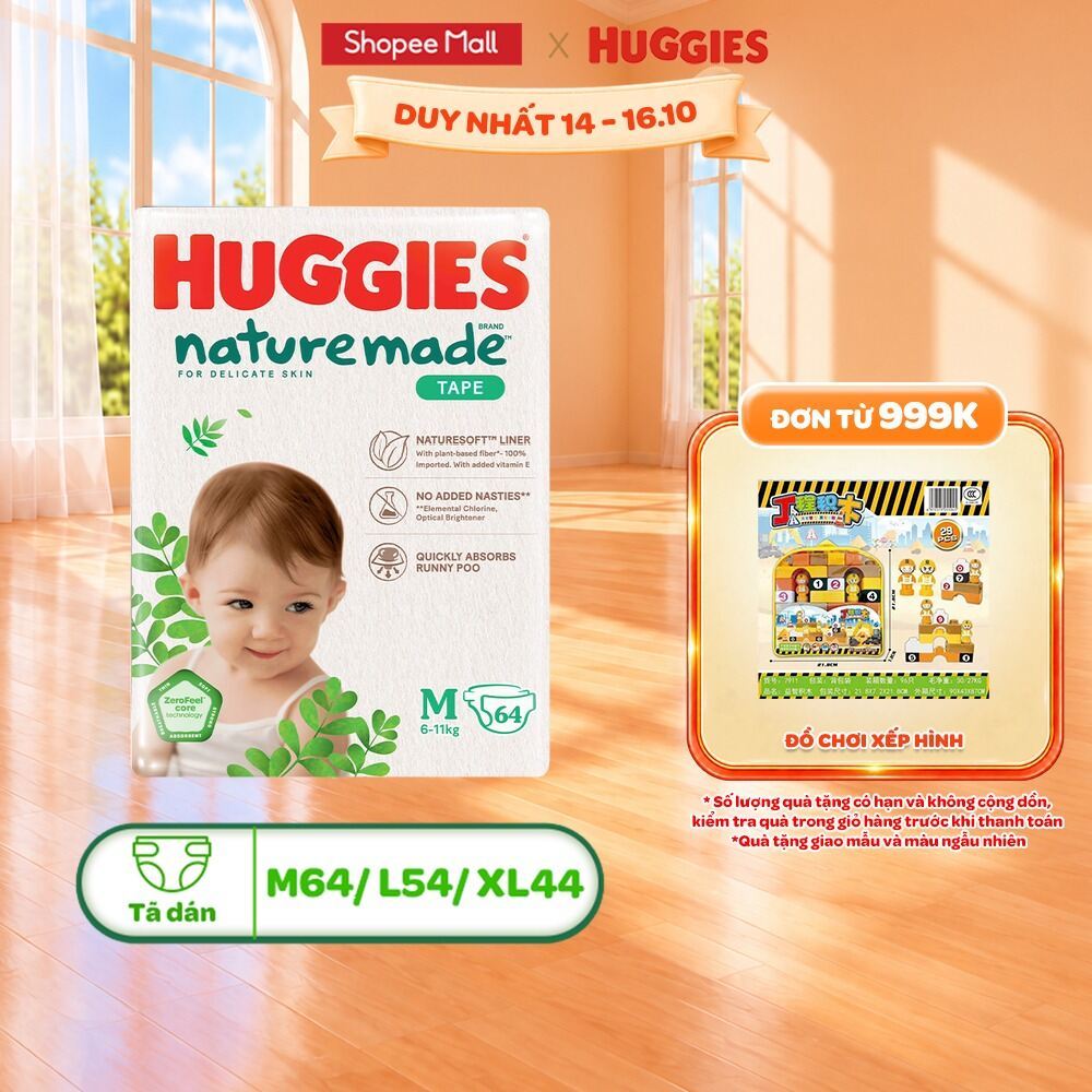 Tã/Bỉm dán Huggies NatureMade M64/L54/XL44