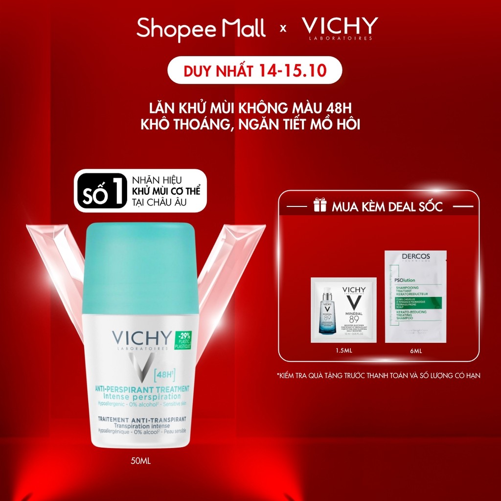 Lăn khử mùi Vichy khô thoáng, ngăn ngừa và giảm tiết mồ hôi 48H, không gây…