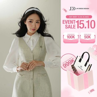 Đầm phối cổ V, túi nơ cách điệu 1F24.2410TW, váy đầm dáng chữ a phối sơ mi một lớp kiểu dáng đơn giản nhưng tinh tế JM