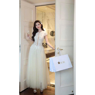  DOTI Váy Đầm Dự Tiệc Ren Lông Phối Lưới Cộc Tay Tranali Váy Dạ Hội Cổ Tròn Dáng Dài Xoè Sang Trọng 