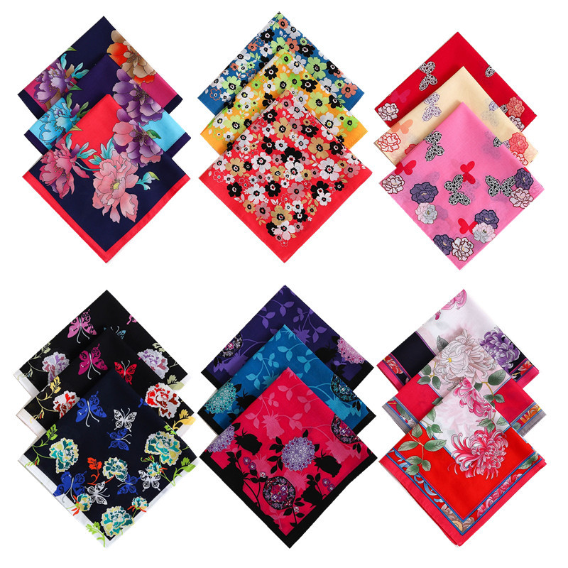 Khăn Tay 43x43cm 100% Bông, Màu Đậm In Hoa Phong Cách Vintage Retro, Thấm Hút Tốt