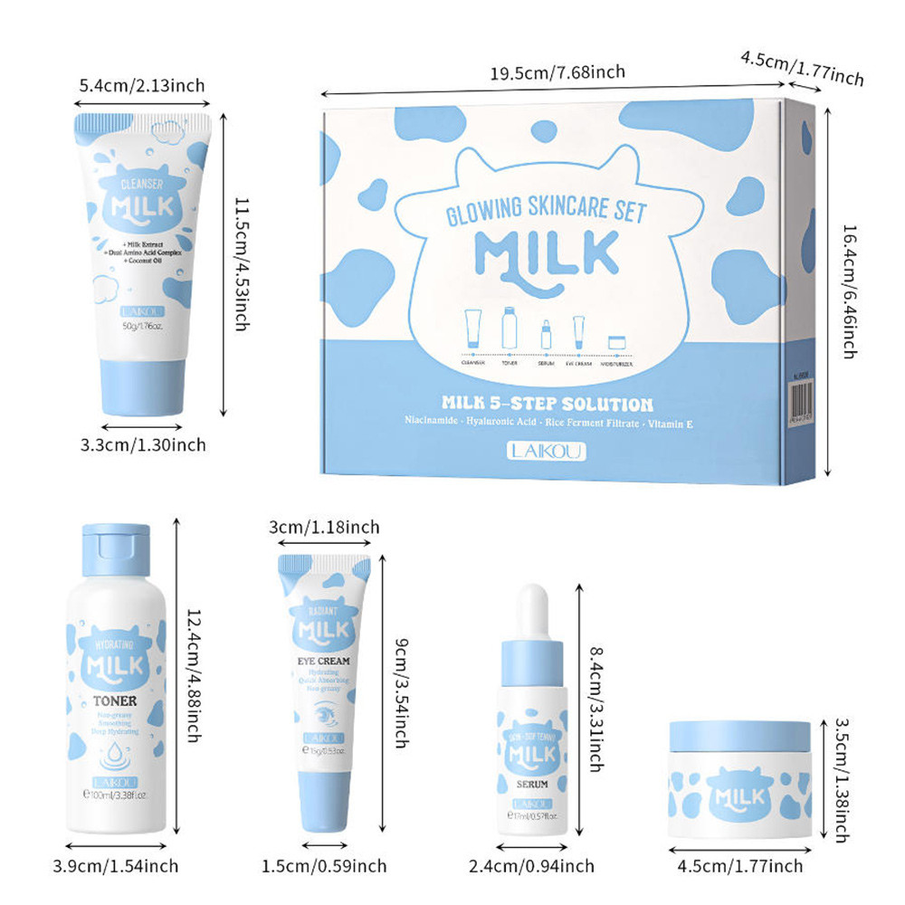 5PCS SET MILK GLOWING SKINCARE SET CLEANSER, TONER, SERUM, EYE CREAM, CREAM TRAVEL SIZE