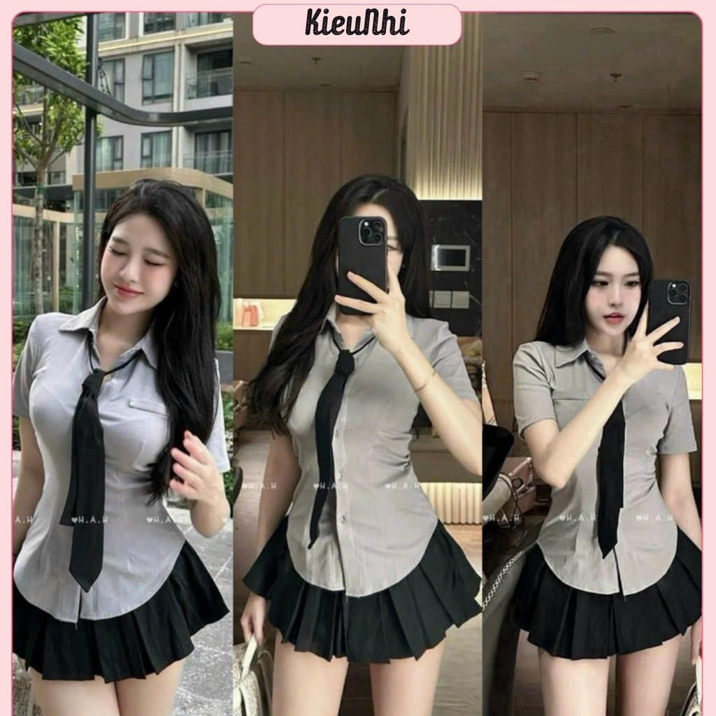 Set Bộ Áo Sơ Mi Xám Tay Ngắn + Chân Váy Xếp Ly Xoè + Cà Vạt Đen - Nữ Women Top