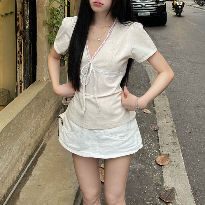 Áo Kiểu Linen Xinh Nữ Cổ V Phối Viền Ren Tay Ngắn Mùa Hè  MA 217