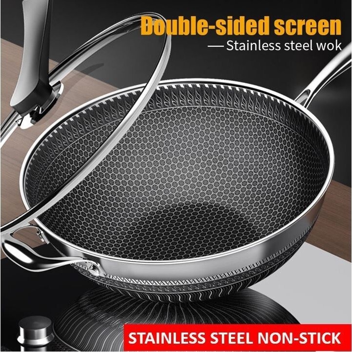 STOCK READY TO SHIPSG Warranty New Nonstick Pan Doublesided Honeycomb 316 Stainless Steel Wok Frying
