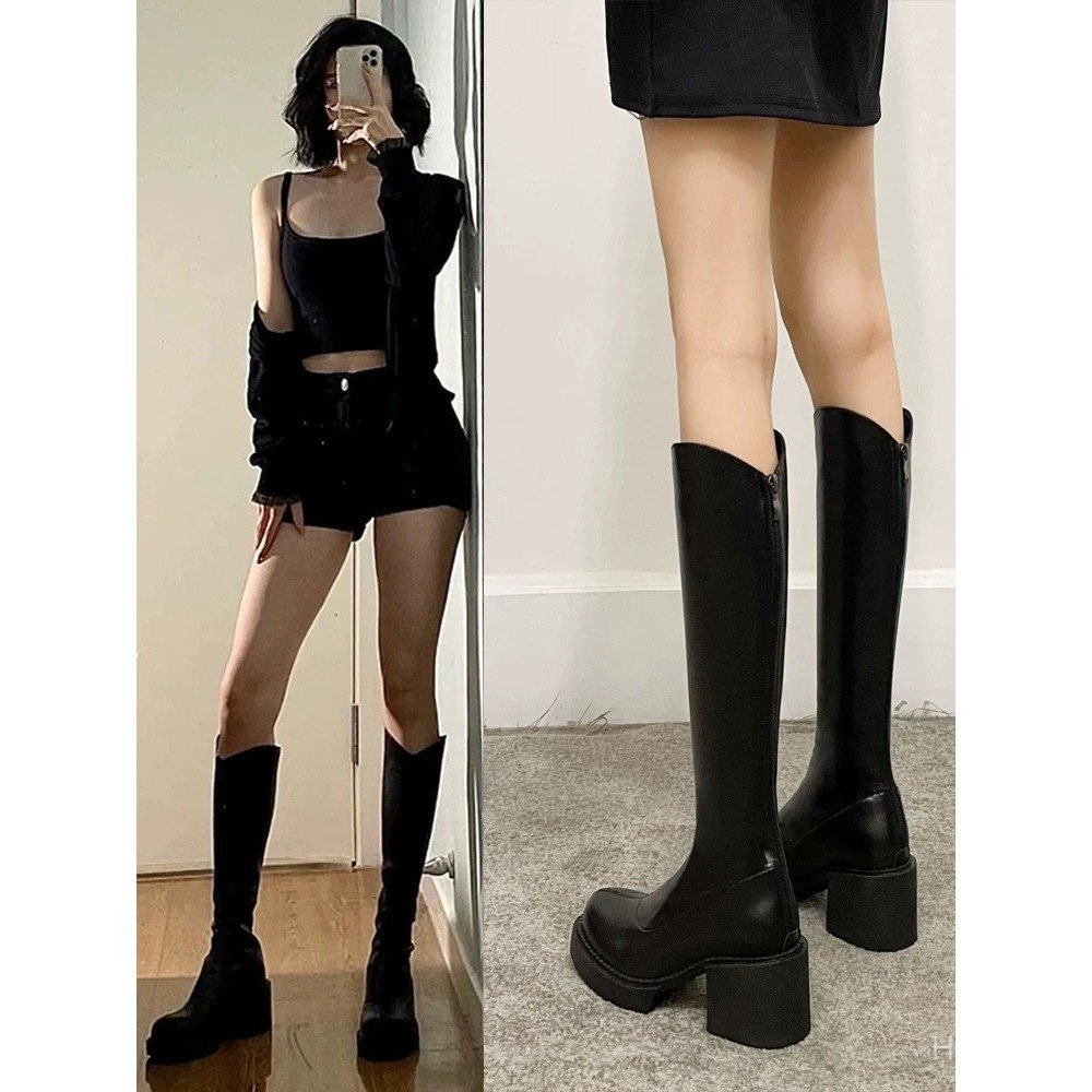 Giày bốt cao gót 6CM Nữ nhưng gót dày đến đầu gối V-Mouth Knight Boots Nữ