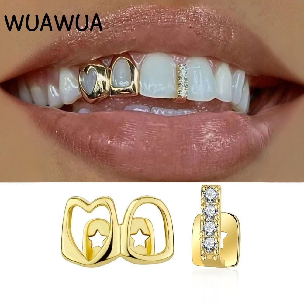 WUAWUA Hip Hop Răng Grillz, Đồng Sáng Bóng Grillz, Màu Vàng Đôi Trái Tim Rỗng Răng Mũ Nữ