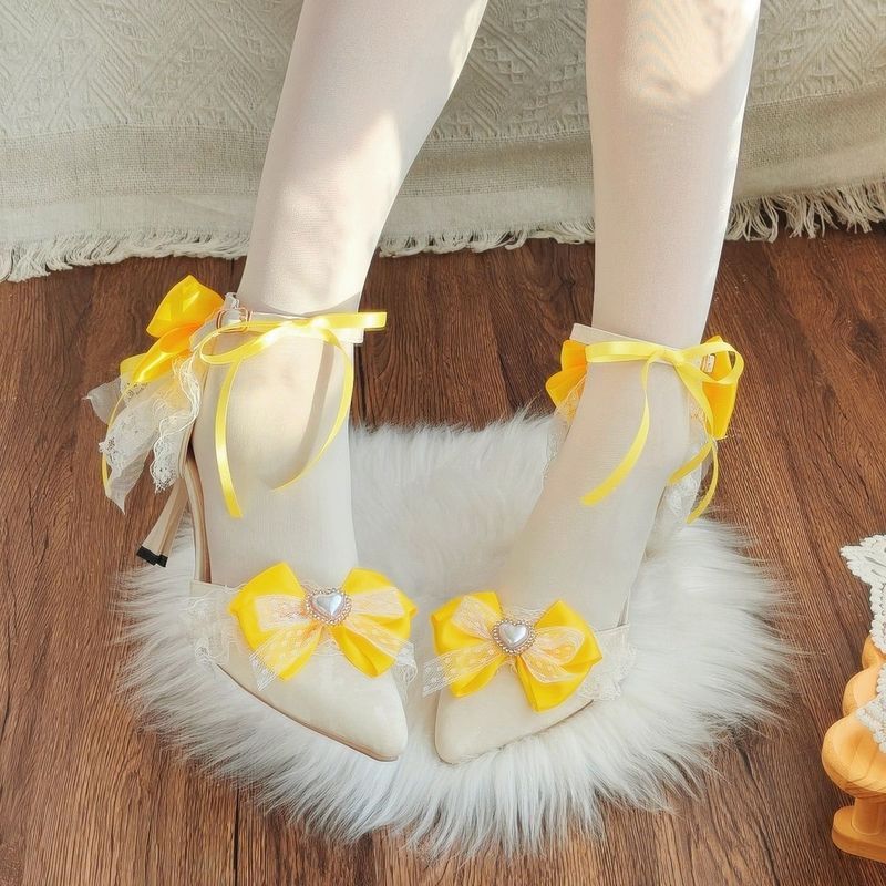 Gothic lolita lolita lolita Vàng Dễ Thương Ren Pháp Người Lớn Quà Tặng Thanh Lịch Mũi Nhọn Giày Cao 