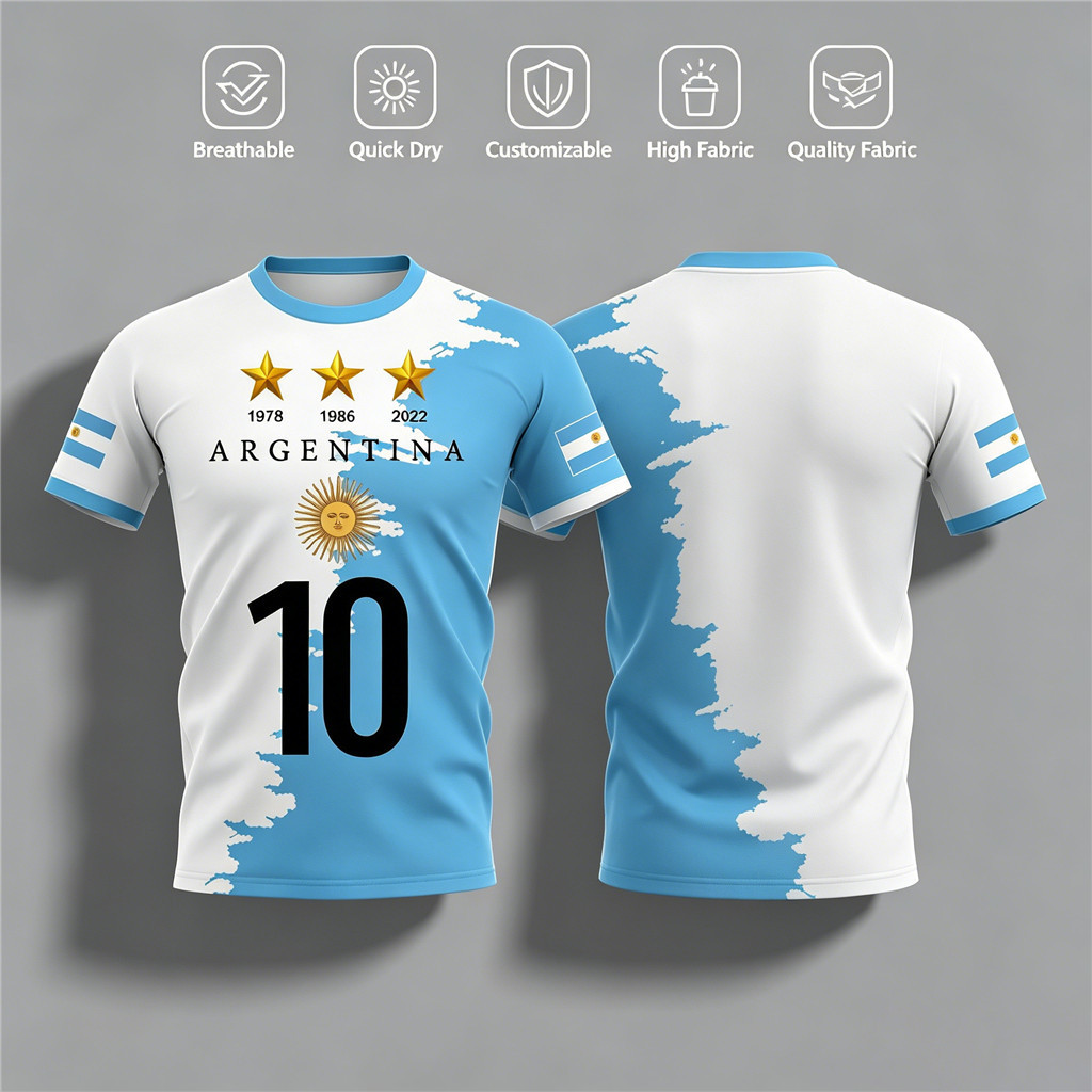 Messi #10 Argentina 3 Sao Jersey 2026 World Cup 3D In Hình Áo Thun Bóng Đá Đội Quốc Gia Vô Địch Top 