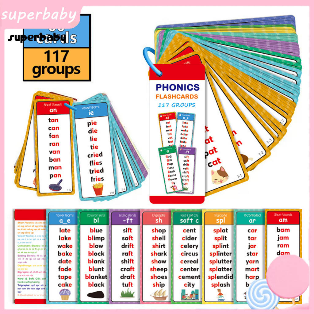 (Superbaby) Phonics Word Cards Dụng cụ học tập Phonics 1 / 2 Bộ Phonics Word Flash Cards dành cho tr