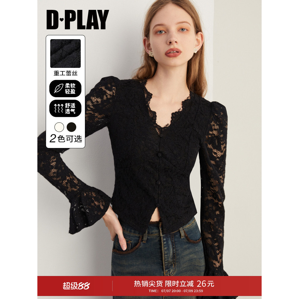 DPLAY [Huipin] Mùa Thu Phong Cách Mới Pháp Đen Đáy Áo Sơ Mi Nữ Ren Dài Tay Áo Sơ Mi Nhỏ