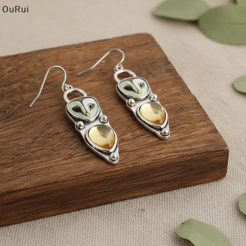 {RUI} Retro Bạc Barn Owl Ten Bông Tai Màu Vàng Tự Nhiên Citrine Inlay Mặc Hàng Ngày Dự Tiệc Quà Tặng