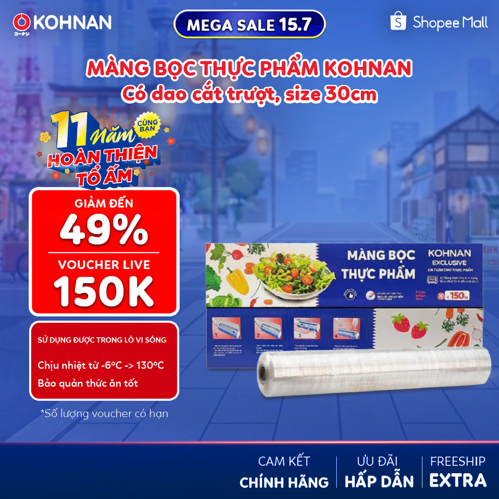 Màng bọc thực phẩm KOHNAN có dao cắt trượt, sử dụng được cho lò vi sóng 30cm