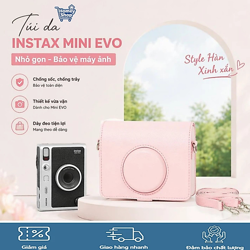 HomeyShop-Bao da PU màu hồng bảo vệ cho máy ảnh Instax Mini EVO,có dây đeo vai,túi chống sốc di động