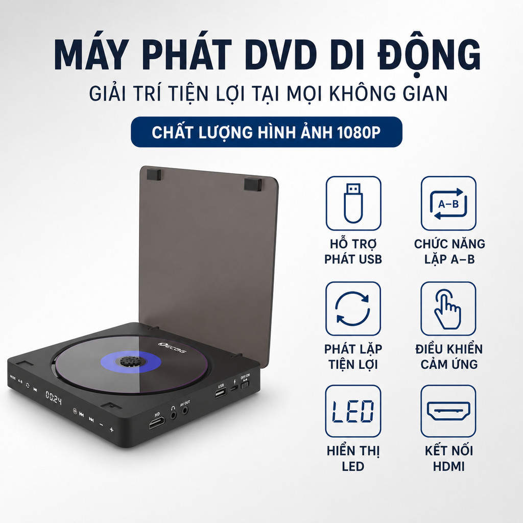 Máy DVD xách tay, đầu DVD di động, đầu đĩa DVD, máy phát DVD, phát USB, lặp A-B, dùng học tập và xem