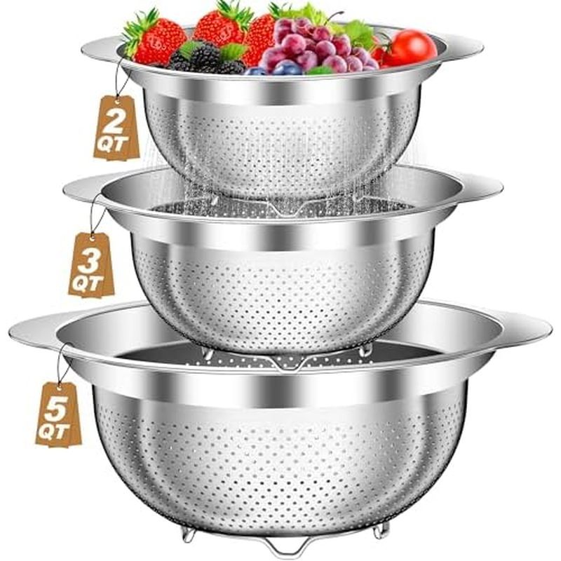 Colander, Stainless Steel Colander with Mixing Bowls (3.5QT), 3Pcs Strainer for Kitchen Gadget Food 