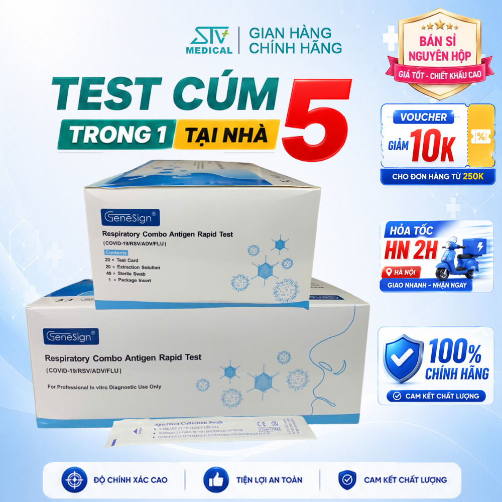 Test Cúm Tại Nhà Genesign - Bộ Test Virus Hô Hấp COVID Cúm A B RSV Adeno