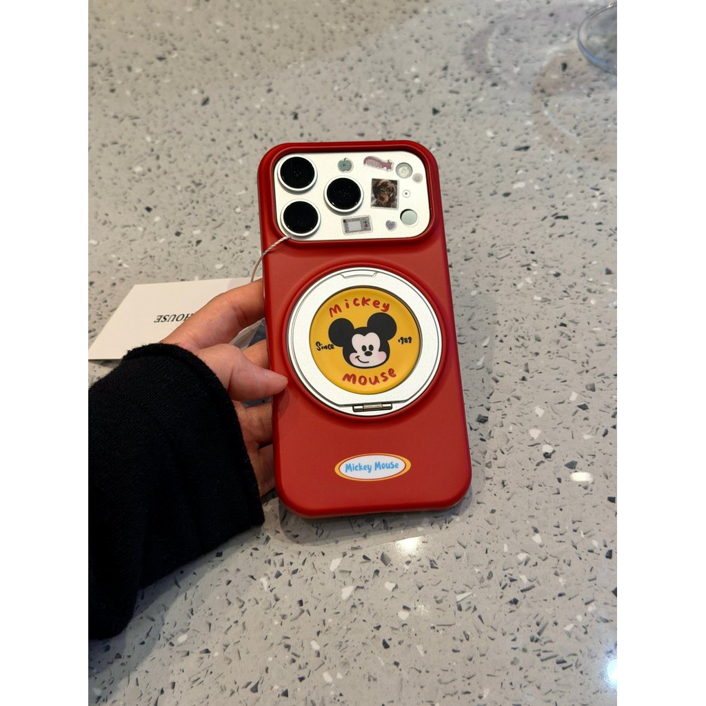 Ốp lưng iPhone 12/13/14/15/16/17 – Mickey Mouse vòng xoay đế đỡ, nền đỏ cổ điển