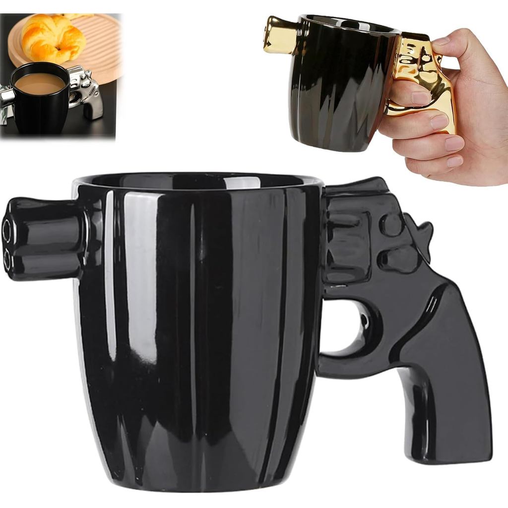 JOYO Revolver Cốc cà phê, 2025 Cốc cà phê xoay bằng gốm mới lạ có tay cầm súng Cốc súng giả thời tra