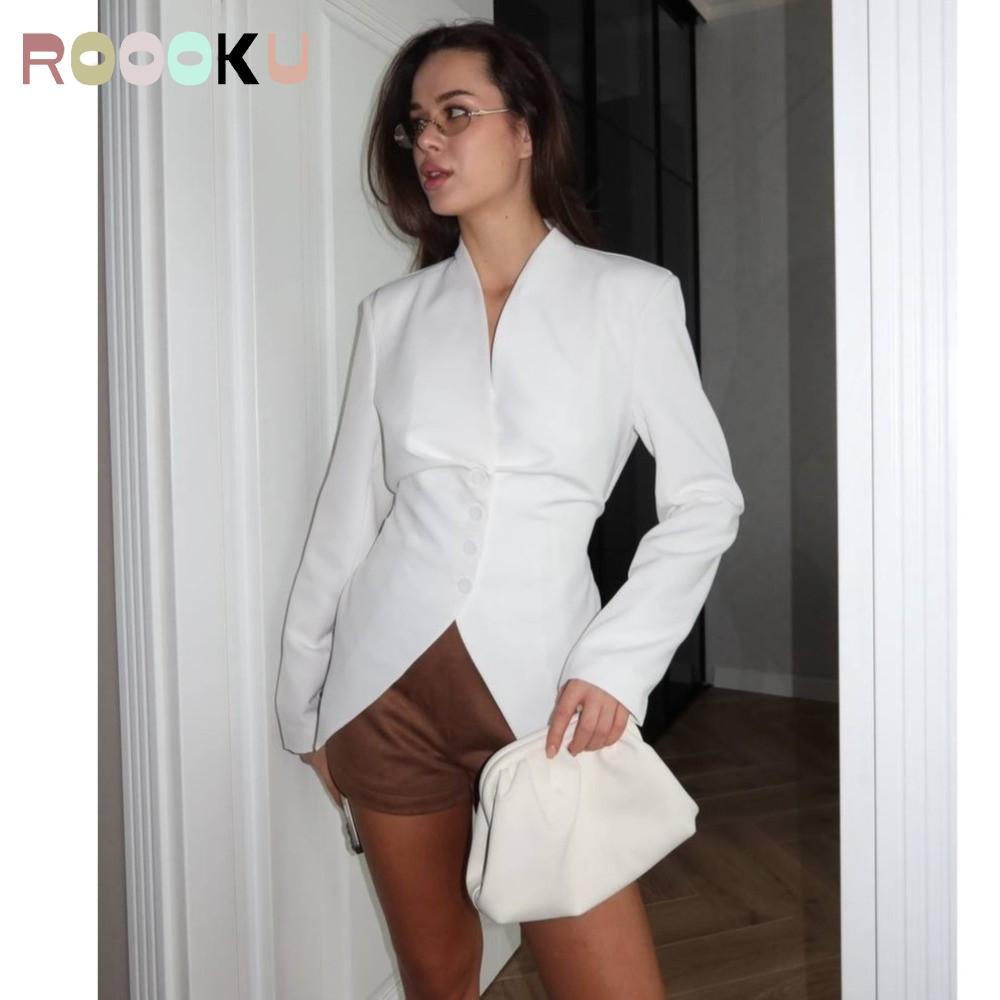 ROOOKU Nữ Blazer Phù Hợp Với, Chống Nhăn Trọng Lượng Nhẹ Eo Cinch Blazer, Mùa Thu Đông Cổ Chữ V Boxy
