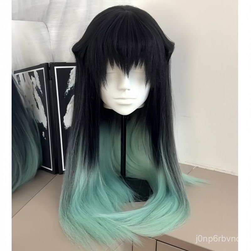 Tóc giả cosplay Muichiro Tokito Kimetsu no Yaiba đen ombre xanh lưới hoa hồng