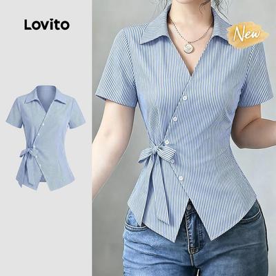 (New Arrival) Lovito Áo sơ mi nữ mùa Xuân/Hè buộc nơ trước màu xanh/trắng phong cách thanh lịch BLK8P2D488