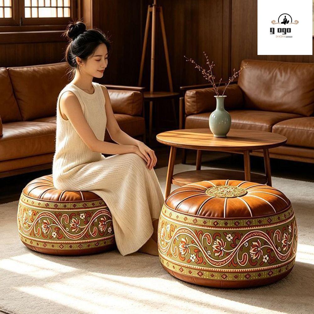GOGOU Storage Ottoman, Họa Tiết Thêu Hình Tròn Có Thể Lấp Đầy Ottoman Pouf, Phong Cách Ma-rốc Da PU 