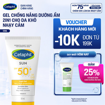 Gel chống nắng vật lý dưỡng ẩm 2in1 dịu lành cho da thiên khô nhạy cảm Cetaphil Sun SPF 50+ Light Gel 50ML